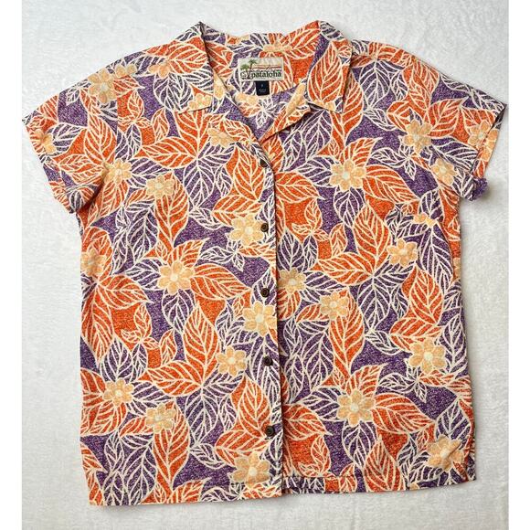 Pataloha Orange Purple Floral Hawaiian Button Down Shirt sz 2 Organic Cotton - Picture 1 of 7